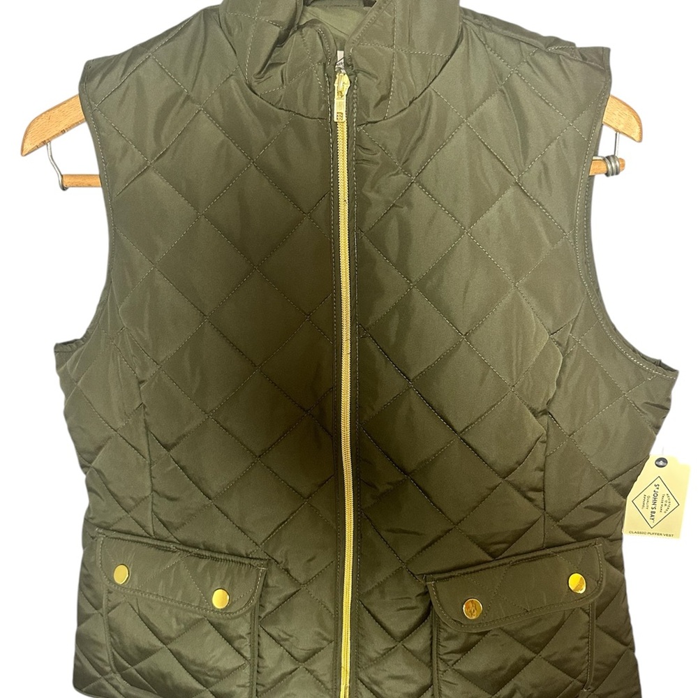 Olive Quilted Vest with Gold Accents Zip Women’s S